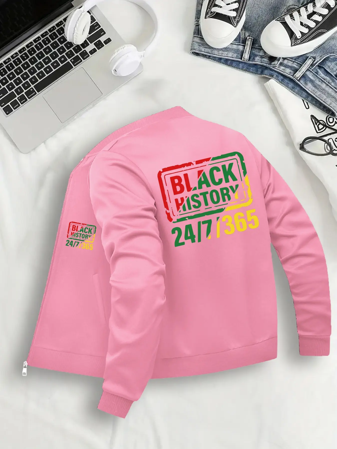 Women's Casual Zipper Bomber Jacket, Lightweight Graphic Print, Comfortable Fashion Design, All Seasons Wear, Sizes S-Xxl