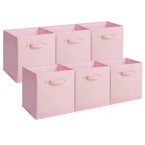 6-Pack 11 Inch Fabric Storage Bins with Faux Leather Handles, Foldable Cube Organizer Baskets for Shelves and Closet, Collapsible Storage Boxes for Clothes Toys, Pink