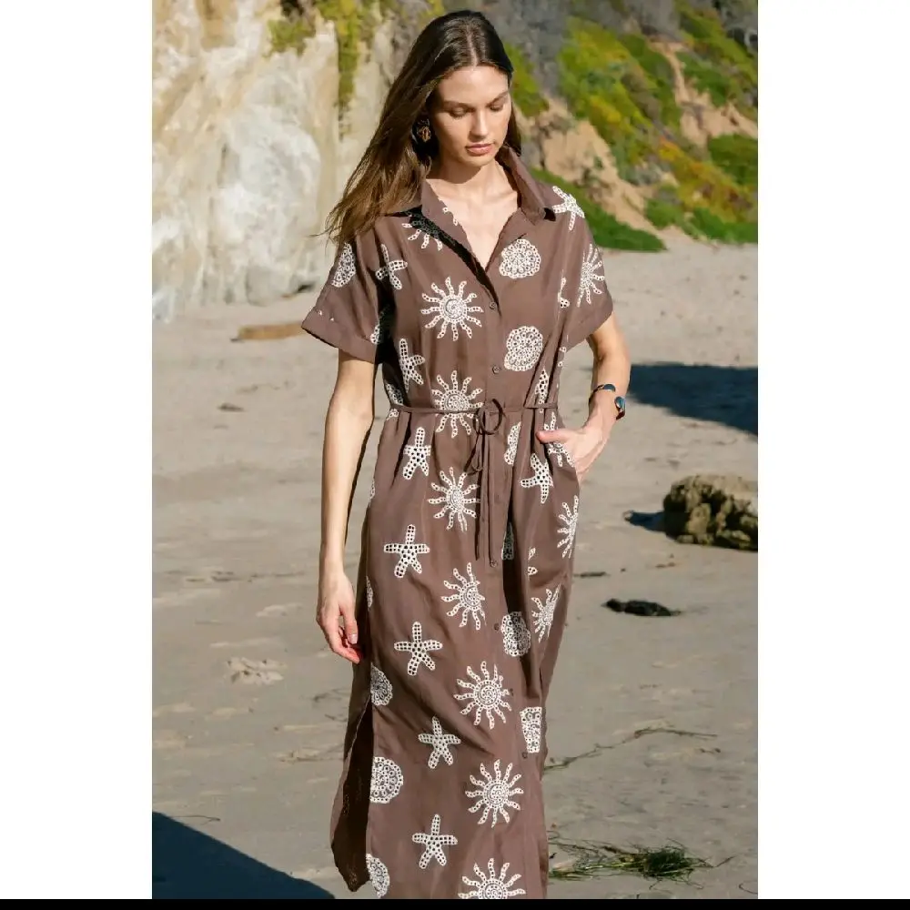 Women's Embroidered Starfish Button-Down Maxi Dress