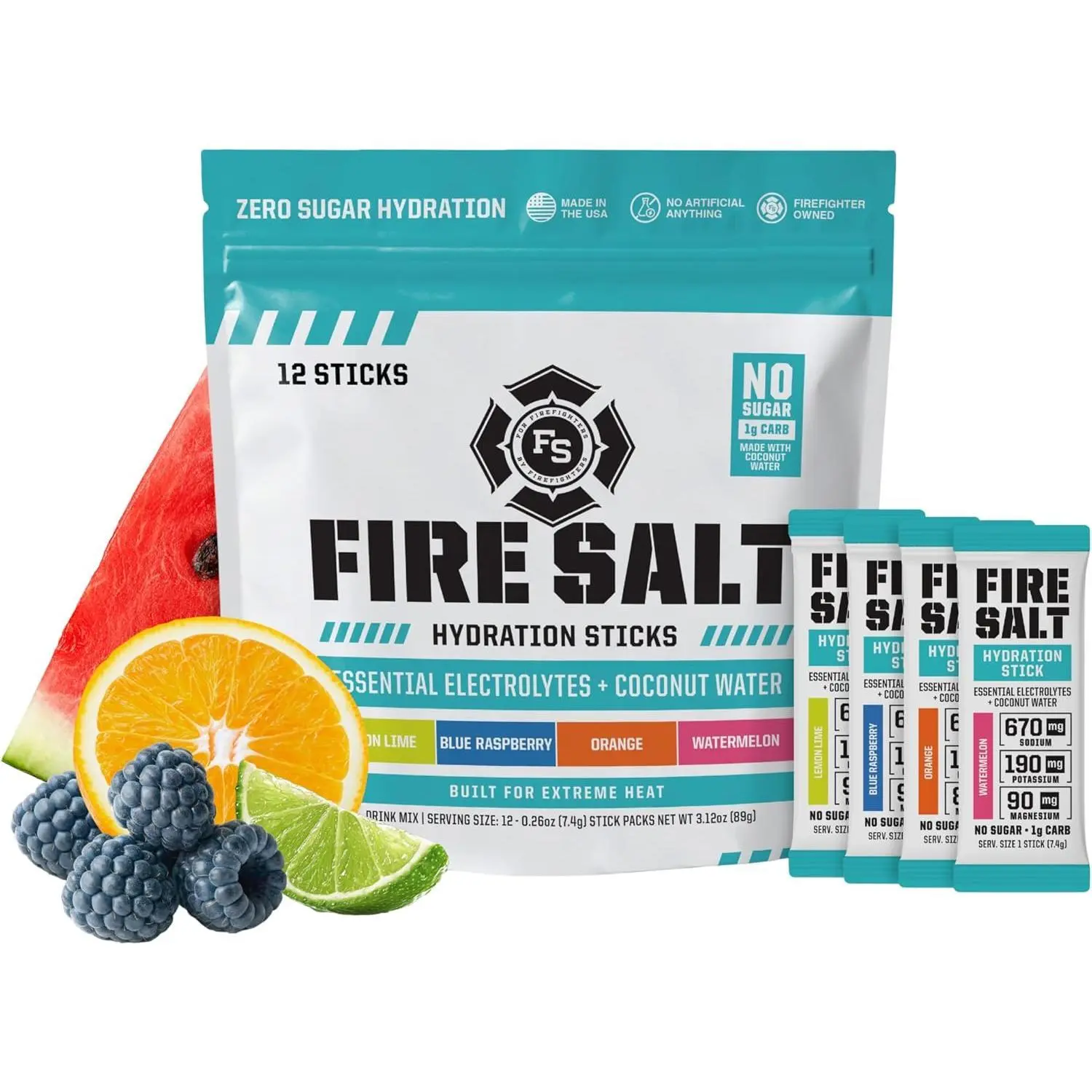 Fire Salt Hydration Sticks with Electrolytes & Organic Coconut Water, Magnesium & Mediterranean Sea Salt, Zero Sugar, Single Serve Packs, 4 Flavor Starter Kit Variety Pack, 12 Count