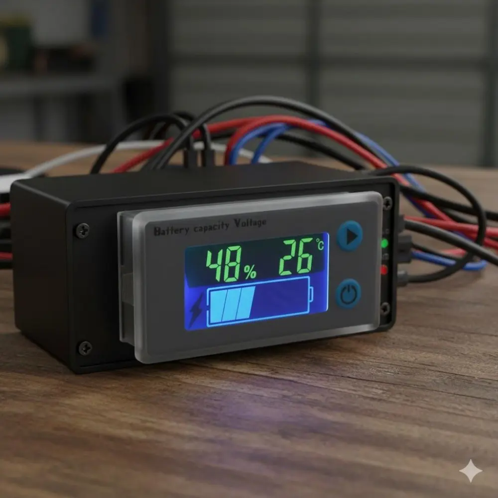 Battery Capacity Monitor 10-100V, LCD Percentage Display, Real-Time Voltage Temperature Meter, Lithium Battery Health Tester for 12V-48V, RV Marine Car Golf Cart EV Power Gauge, Battery Voltage Detector, Battery Checker