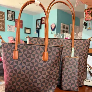 Elegant Brown Geometric Pattern Tote Bag with Matching Wallet and Brown Leather Handles