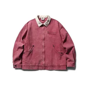 Vintage Washed Letter Embroidered Denim Jacket, Unisex Loose Fit, Workwear Coat Clothes Menswear Tops Gamis Beige Black