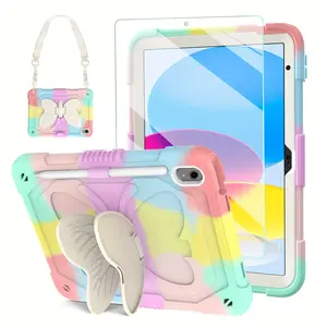 Cute Pink iPad A16 11th/10th Generation Case for Kids Girls 2025/2022 11/10.9 Inch with Tempered Glass Screen Protector & Stand, Kawaii Butterfly Cover with Pencil Holder Shoulder Strap