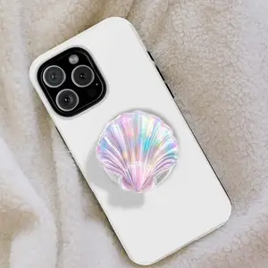 Iridescent Seashell Phone Grip – Holographic Aesthetic Pop Socket, Cute Mermaid Shell Phone Stand, Collapsible Cell Phone Holder for Case, Unique Summer Beach Accessory