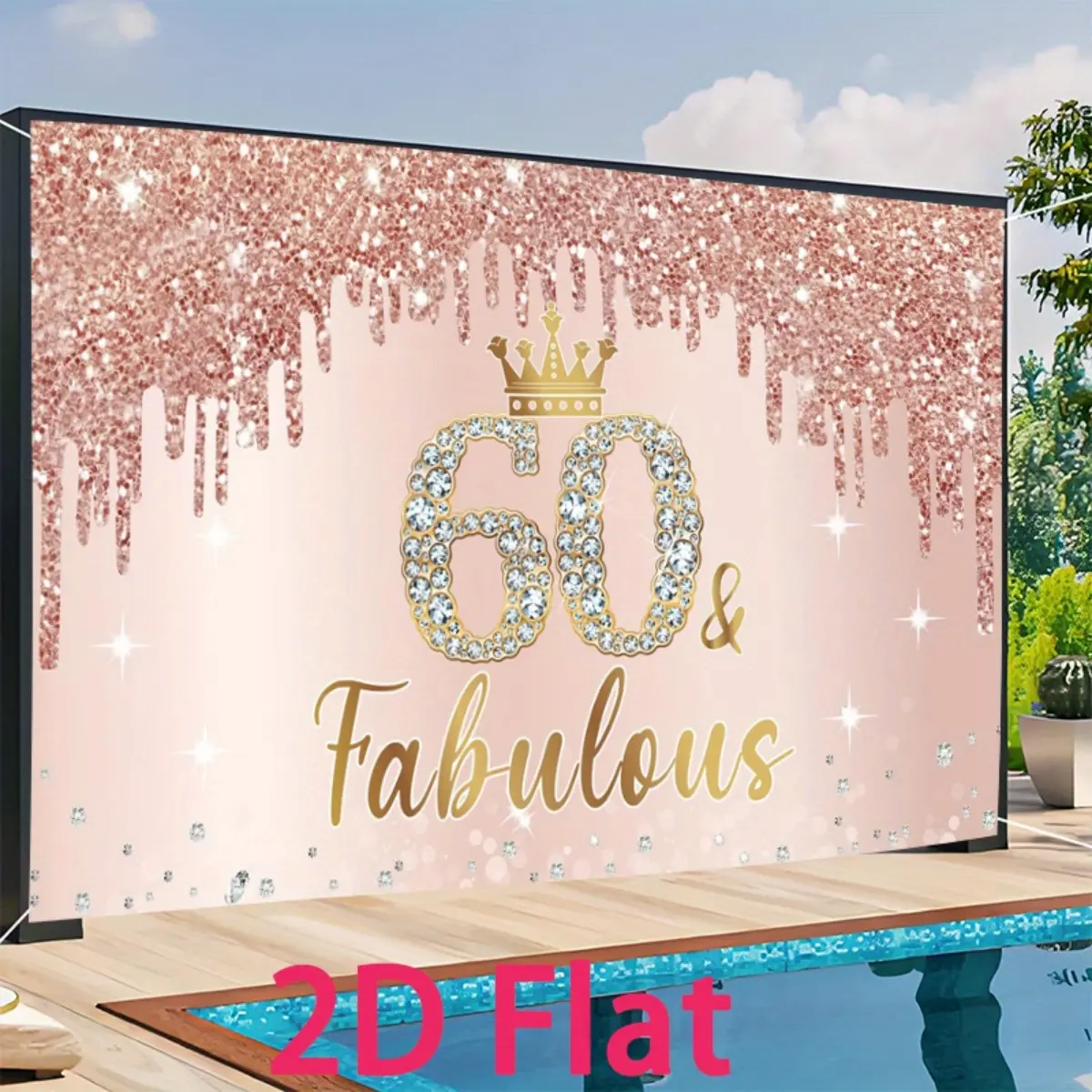60th Birthday Polyester Banner - Pink Rose Golden Design, Glamorous Decorative Backdrop with Glittered Letters, Crown Accent, Sparkly Finish, Durable Indoor-Outdoor Party Decor, Elegant