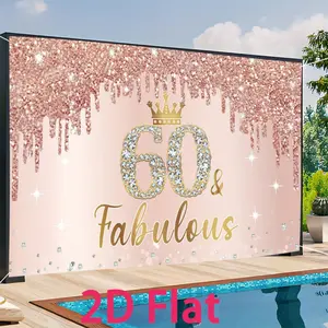 Pink Rose Golden 60th Birthday Banner - Elegant "60 & Fabulous" Backdrop with Glittery Lettering, Crown & Sparkling Design, Durable Polyester Material for Indoor/Outdoor Party Decorations, Home & Garden Celebration Supplies White
