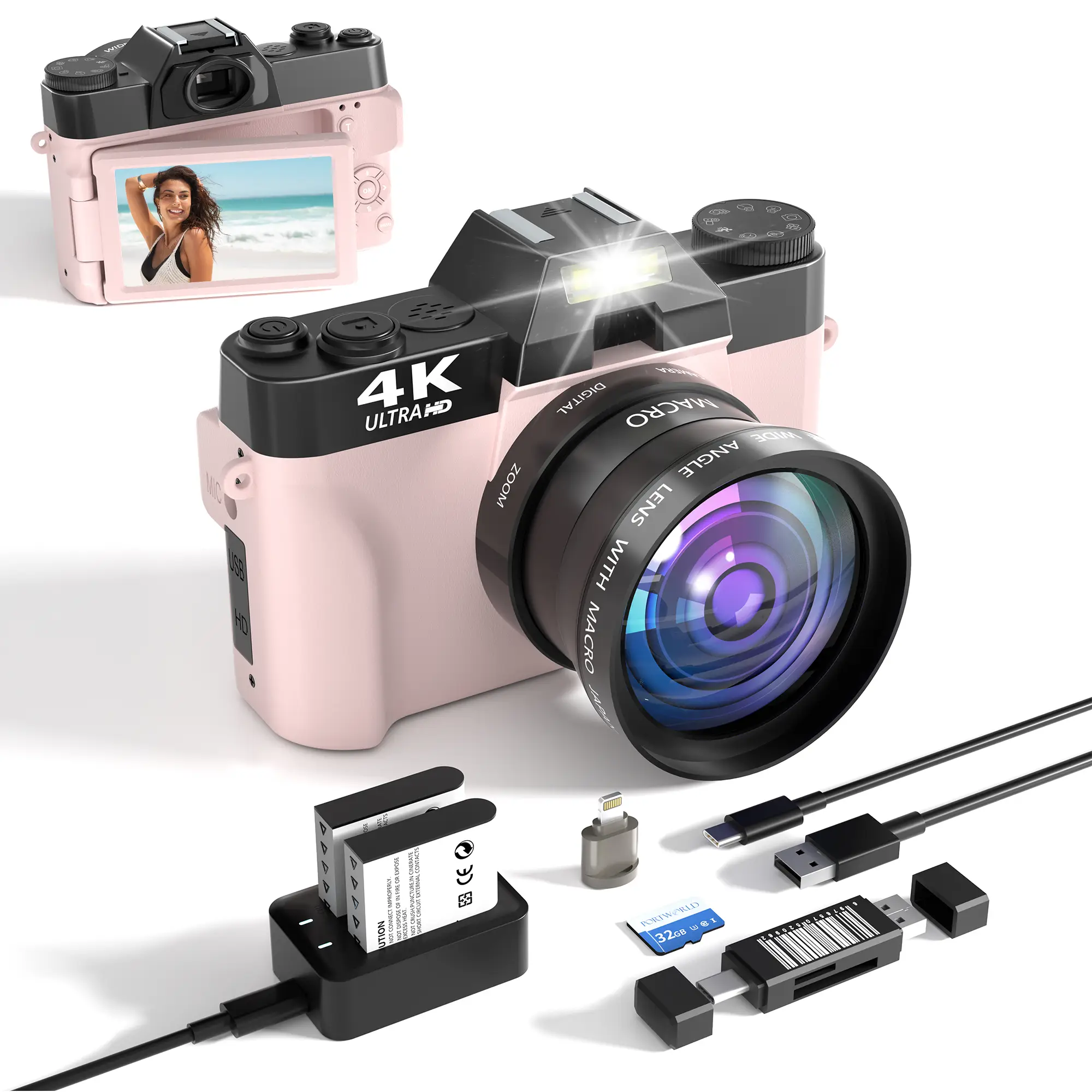 4K 56MP Vlogging Camera with 180° Flip Screen, Compact Camera with 16x Digital Zoom, 32GB TF Card, Summer gift(Black)