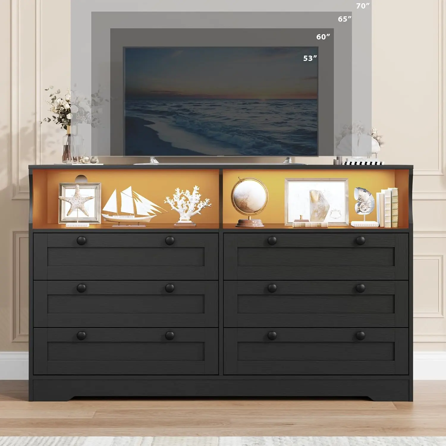 Modern Black 6-Drawer MDF Dresser - Sturdy Base, Scratch-Resistant Surface, Power Outlet, USB Charging Ports, Multi-Color LED Lights, Anti-Tip Safety, Spacious Storage for Bedroom, Living Room, Six Drawers