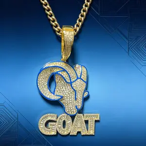 M2-5171 Iced‑Out GOAT Ram Head Pendant, Blue Enamel Border Cubic Zirconia Charm, Hip‑Hop Rapper Statement Jewelry for Men