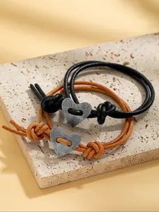 Western Vintage Style Heart Pendant Bracelet Set, Unisex Dual Layer Braided Hand Rope, Perfect Gift for Friends & Family