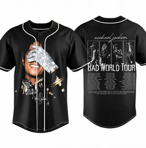 Michael Jackson Bad World Tour Baseball Jersey, King of Pop Graphic Button Up Shirt, Retro 80s Concert Tour Tee, MJ Fan Merch Streetwear Outfit Men Women