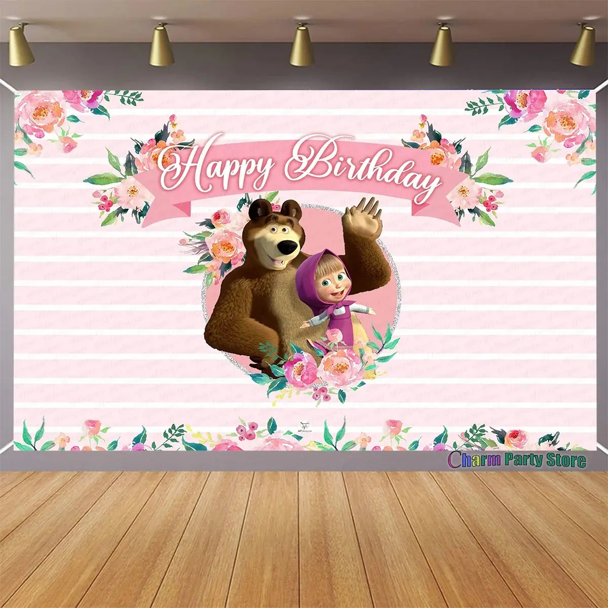 Masha and Bear Polyester Cartoon Print Birthday Party Banner Backdrop - Lightweight Hanging Decoration with Letters, Geometric Accents, Vibrant Colors, Large Size, Easy Installation, Kid-Friendly Theme for Children’s Parties, Baby Showers