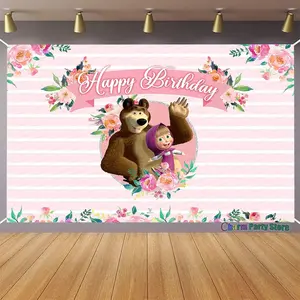 Masha and Bear Birthday Party Background, Reusable Cartoon Wall Hanging for Baby Showers, Children's Parties, Vibrant Colors, Large Size, Easy Installation, Perfect for Festive Occasions