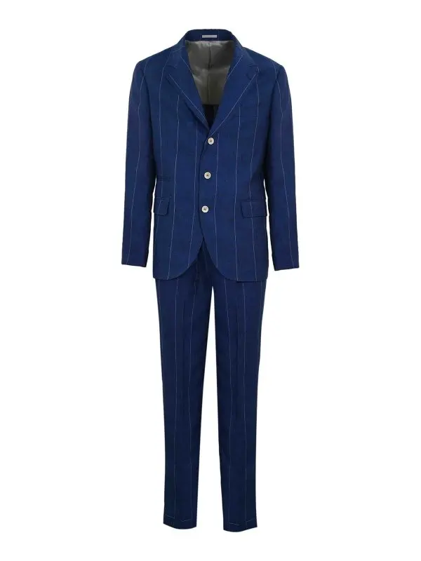 BRUNELLO CUCINELLI MEN'S INDIGO LINEN PINSTRIPE SUIT