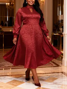 Plus Size Women Elegant Jacquard Midi Dress Lantern Sleeve Hollow Neck Slim Fit Long Dress Keyhole Design Formal Evening Party Wedding Guest Outfit