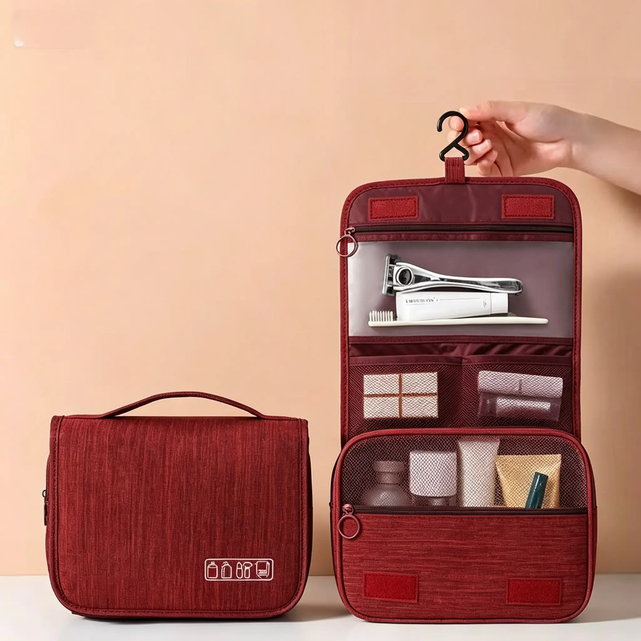 Foldable Space-Saving Hanging Makeup Bag Waterproof Large Capacity Travel Toiletry Zippered Bag Durable Organizer with Hook for Home & Travel Use