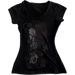 Grunge Shirts 2000s Clothing Women Vintage Graphic Tees Y2k Short Sleeve Goth Tops Teens Emo Clothes Streetwear cold shoulder tank air Long Deep Neck Tie zip hoodie leopard print Inspirational Dual-Sided Cotton T-Shirt women's summer