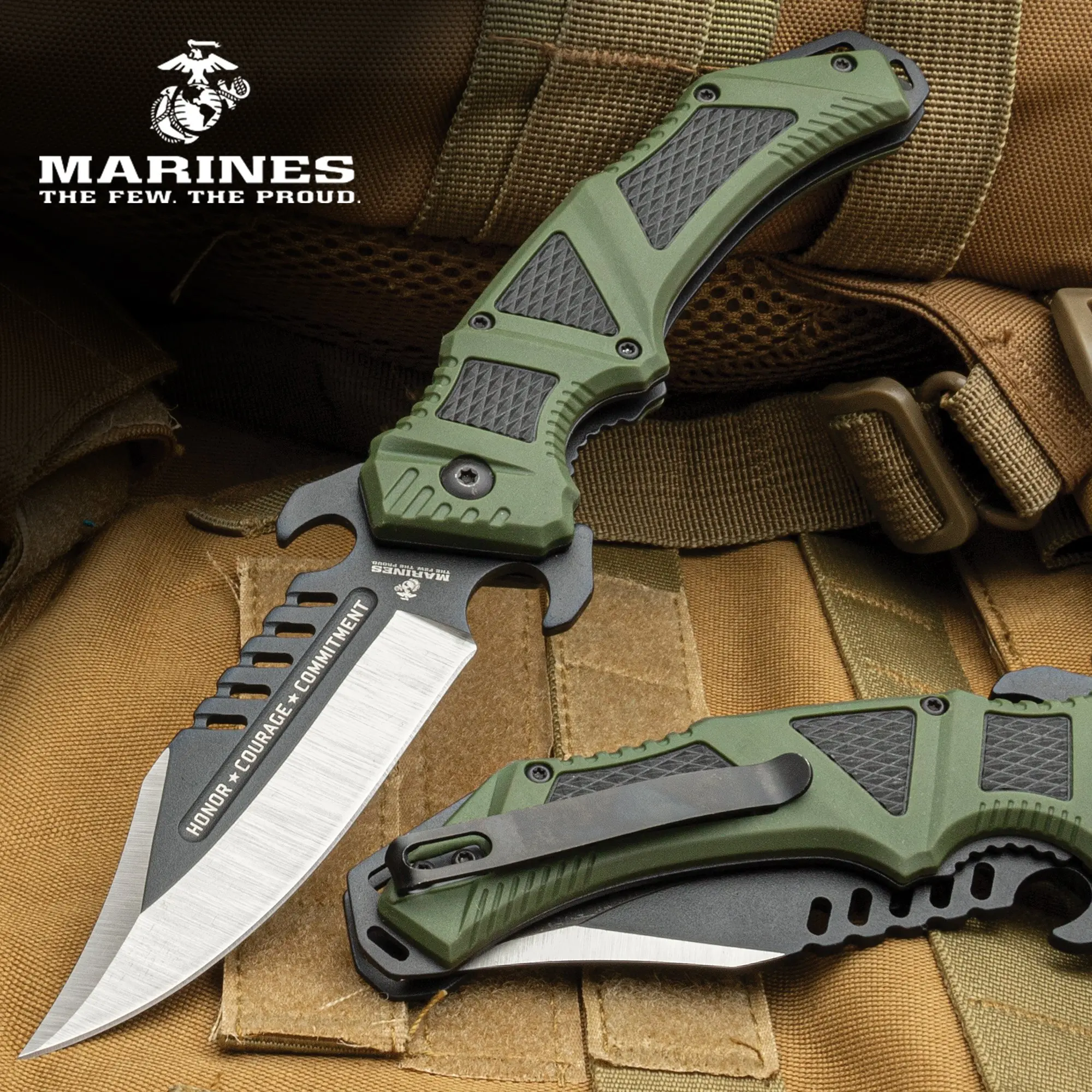 USMC OD Green Pocket Knife - Camping Tools, Carving Knives, 3CR13 Durable Steel Blade, TPR and TPU Handle, Assisted Opening, 5 Inches Closed, Pocket Knives