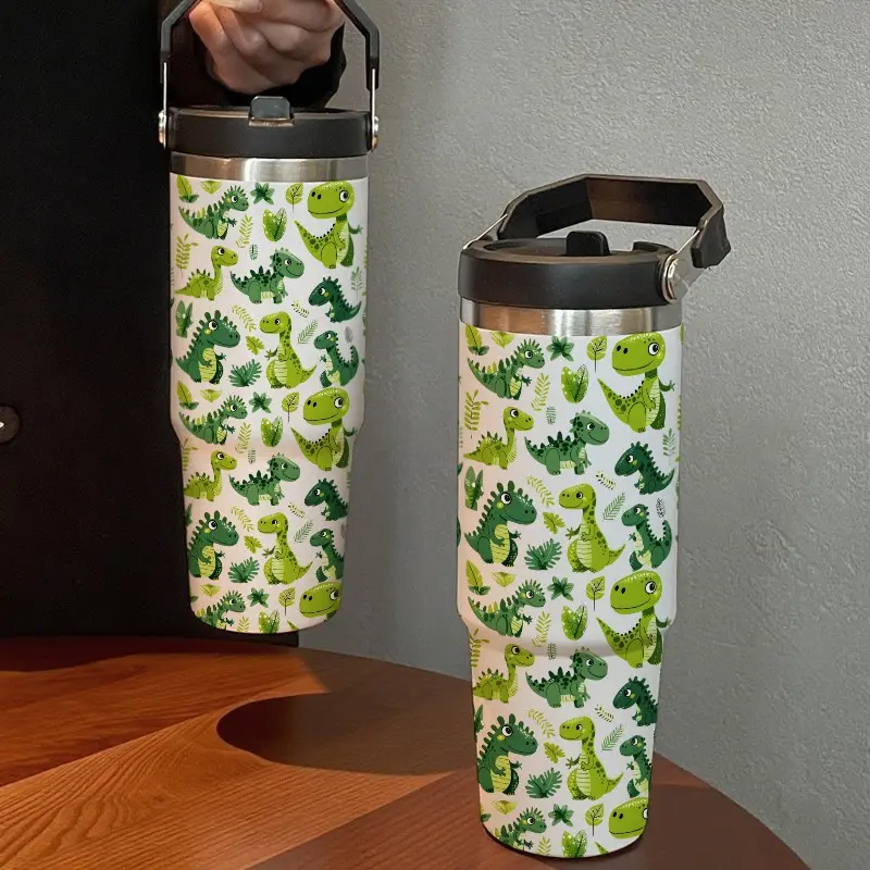 30oz Dinosaur Pattern Water Bottle with Straw, Insulated Water Bottles, Large Capacity Stainless Steel Ice King Coffee Cup Mug, Outdoor Home Travel Gift, Vacuum Insulated Tumbler