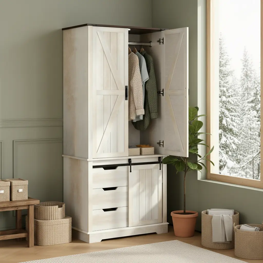 71" Tall Neoclassical White Farmhouse Armoire Wardrobe Closet with 3 Drawers, Sliding Barn Door, and 3 Wooden Doors for Clothing Storage Organization, Sliding Door