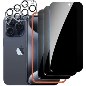 for iPhone 15 Pro Max Privacy Screen Protector, 3 Pack Tempered Glass Anti-Spy Accessories with 3 Pack Camera Lens Protector, [Easy Install Frame] Private Phone Case Friendly