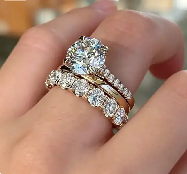 3-in-1 Rose Gold Diamond Ring Set - Round Cut Engagement Ring with Stackable Eternity Ban, Four Prong Bridal Promise Jewelry for Women