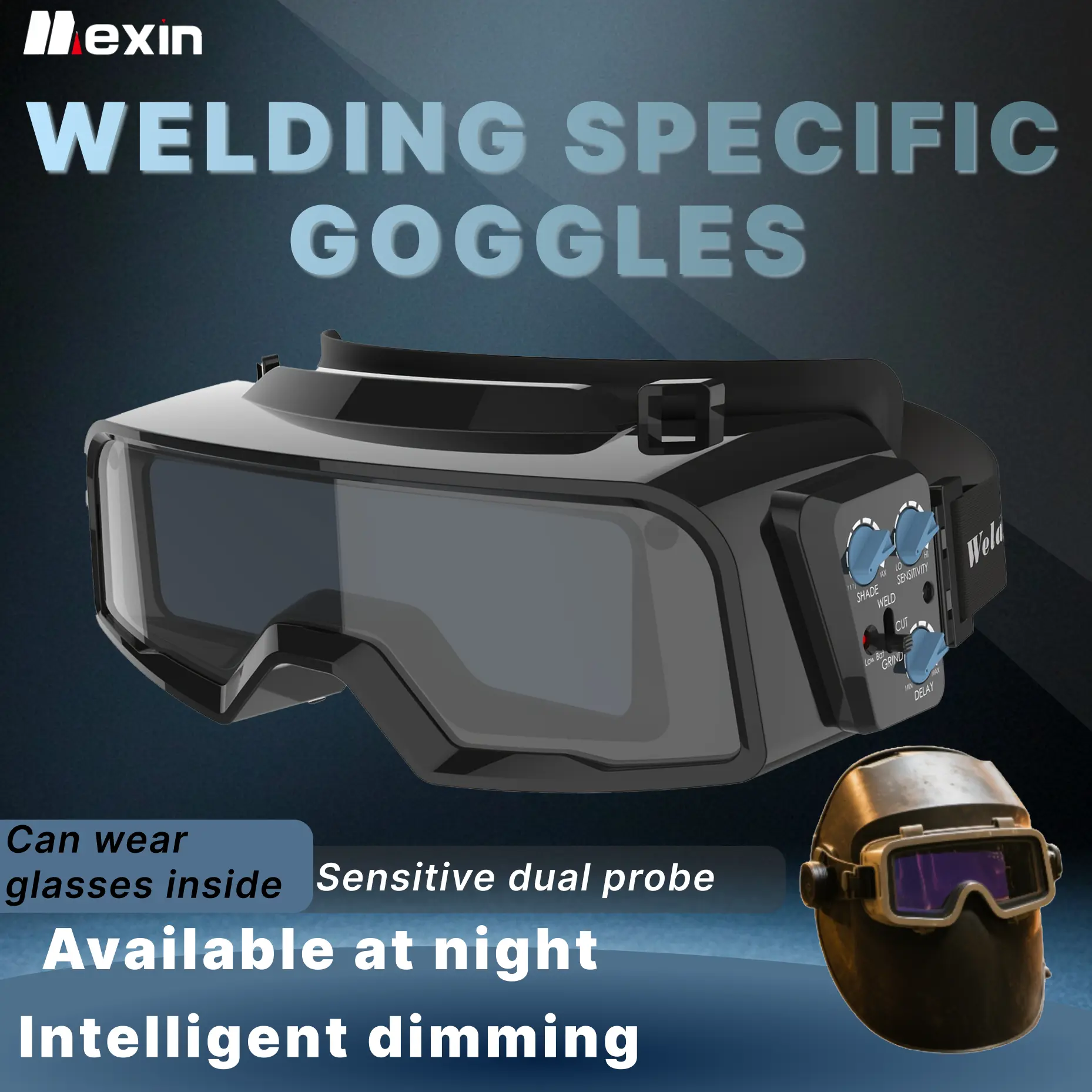 Mexin LYG-100R-Mexin Auto-Darkening Welding Goggles - Liquid Crystal Eyeglass-Type Safety Helmet Tool, Adjustable Band, Anti-Scratch Coating, Lightweight Flexible Design, Batteries Built-In, Ultraviolet and Infrared Protection for Modern Welding Tasks
