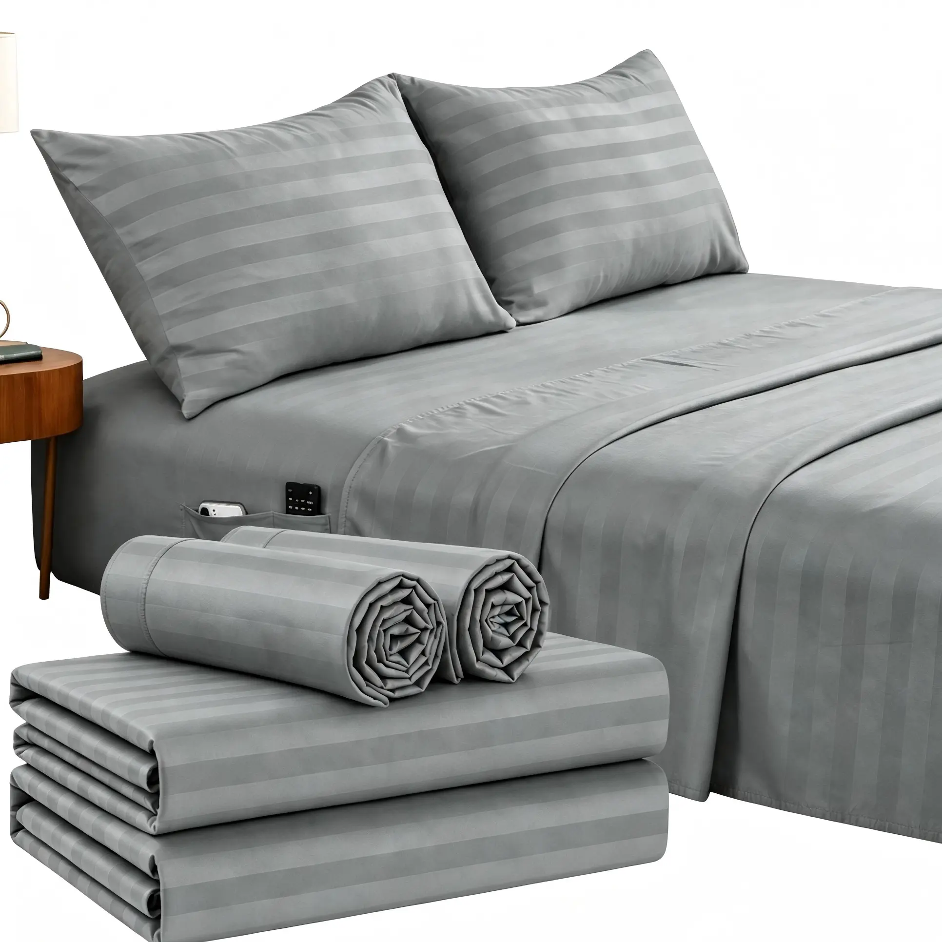 WVG Brushed Microfiber Stripe Bedding Set - 3/4-Piece Luxury Embossed Premium Bedding Linens, Ultra Soft Breathable Sheets, 16-in Deep Pocket Fitted Sheet, Side Pocket, for Hot Sleepers Summer Gift, Back to School Dormitory Home Decor