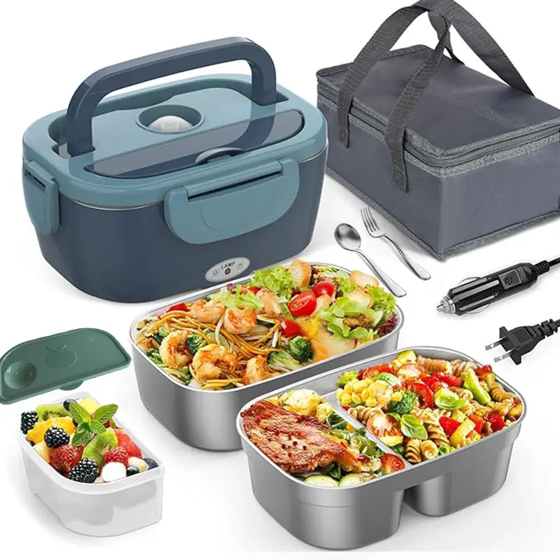 Portable Electric Lunch Box Food Heater with Lunch Bag - 80W 3-in-1 Leak-Proof 1.5L 304 Stainless Steel Warmer, 12V/24V/110V, Included Fork Tableware Set, for Camping, Car Use, Father's Day Gifts