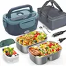 Portable Electric Plug-in Heated Lunch Box Food Warmer with Insulated Leakproof Lunch Bags - 80W 3-in-1 1.5L/50oz 304 Stainless Steel, 12V/24V/110V Plug Ready, 2-Layer 2 Containers, 1-Touch Heat, Dual Warm Zones, Fork & Spoon Set for Camping, Adults
