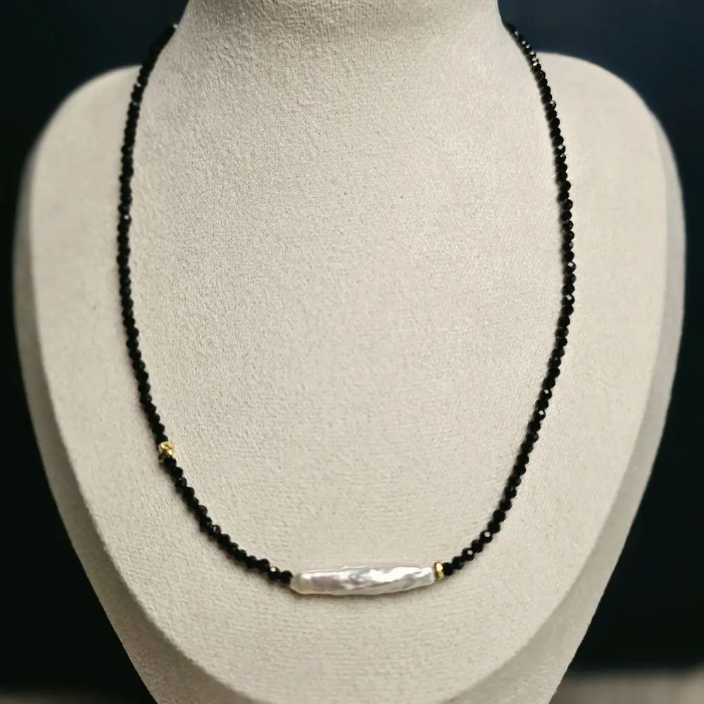 Black Spinel and Freshwater Pearl Necklace, 2mm Beaded Pearl Jewelry for Women