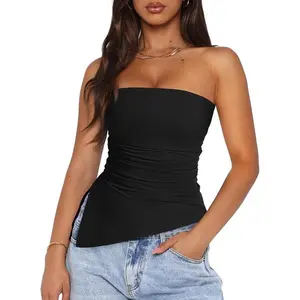 Womens Tube Top 2025 Summer Trendy Strapless Tops Going Out Outfits Ruched Asymmetrical Bandeau Shirts