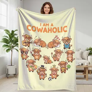 Cute Highland Cow Print Flannel Blanket  Whimsical Cartoon Animal Art Pattern  UltraSoft Cozy Plush Throw  Lightweight Warm Bedding for Sofa Couch Living Room Bedroom Office Travel Gift