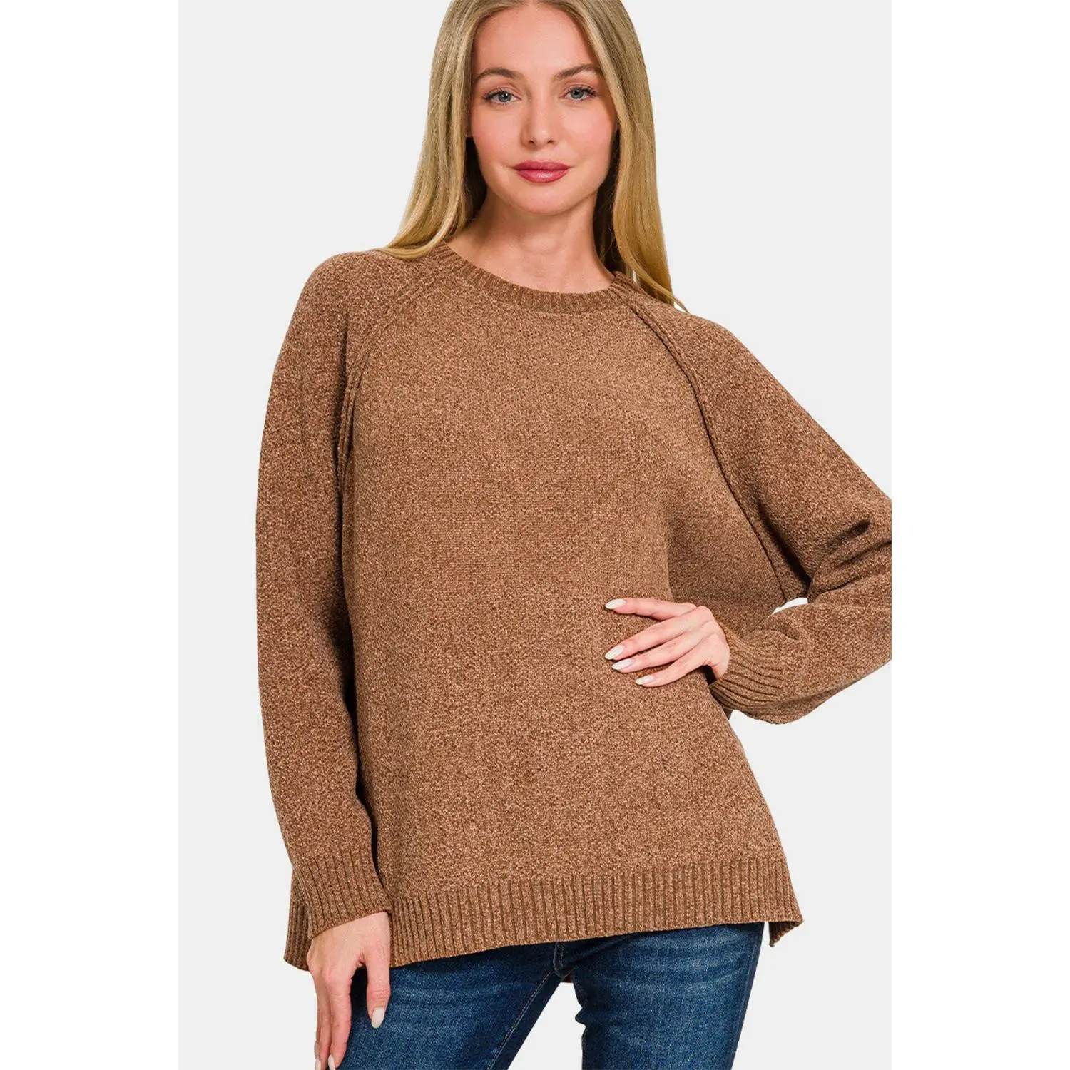 Zenana Side Slit Raglan Sleeve Sweater