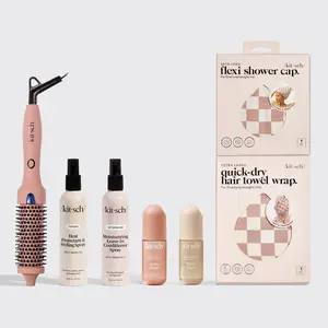 Kitsch Cassandra's Favorites Bundle Shower essentials with Thermal Brush, Warm Sugar Perfume, Amber Shores Perfume, Heat Protectant, Leave-In Conditioner, Checkered Hair Towel & Shower Cap