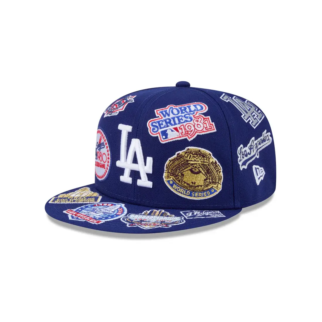 Los Angeles LA Dodgers New Era 59FIFTY Fitted Hat – Blue All Over Championship Patch Flat Brim Baseball Cap for Men & Women
