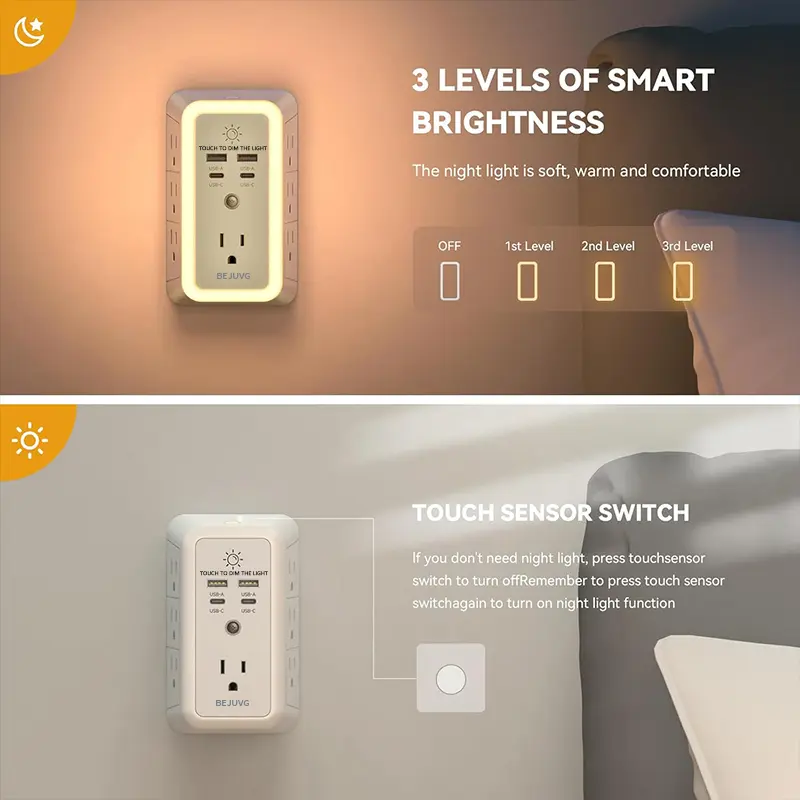 BEJUVG Mountable Wall Outlet Extender, 3-Sided 7-Adapter-Spaced Plugs, 4 Fast-Charging Ports (2 Type C for Modern Gadgets), Night Light, ETL-Certified Dual Outlets Charging Hub Plug-In