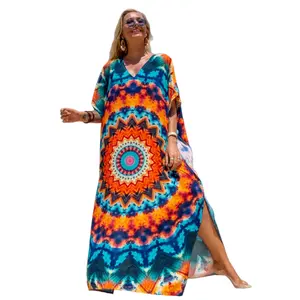Women's Plus Size Bohemian Viscose Mumu Dress - Loose Fit Batwing Half Sleeve Casual Wear Caftan with Side Slits, Long Flowy Maxi Fabric Dress - Orange Blue - A1