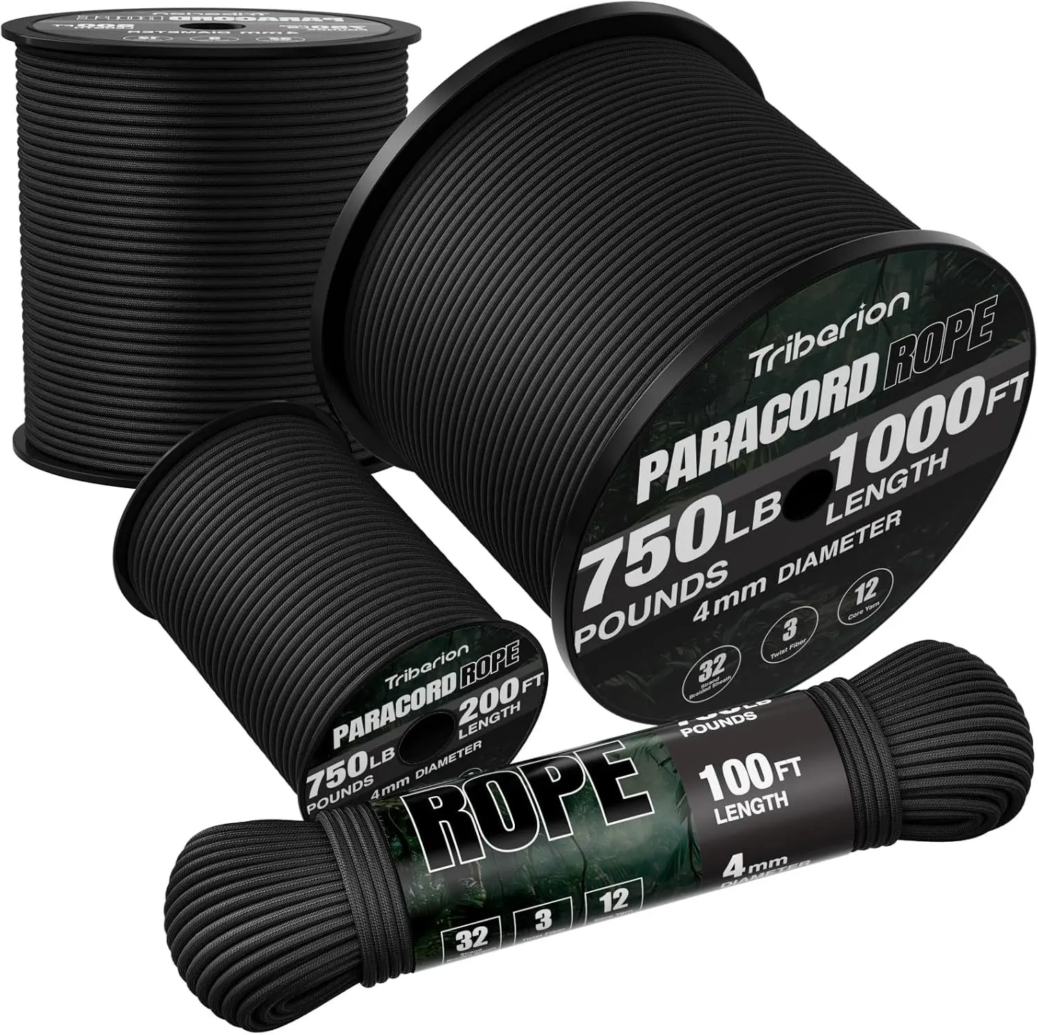 Paracord Rope 750 lb - 1000ft / 500ft / 200ft / 100ft 5/32" Parachute Cord 4MM 12-Strand Heavy Duty Spool String for Survival, Camping Gear, Bracelet, Clothesline