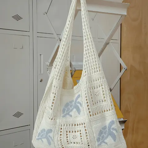 Fashion Women's Knitted Lightweight Handbag with Turtle Pattern, Fall Winter Bag, Hollow Crochet Beach Shopping Bag, Beach Tote Bag, College Style Tote, Ideal for College & Travel, Casual Handbags, Stylish Casual Bag