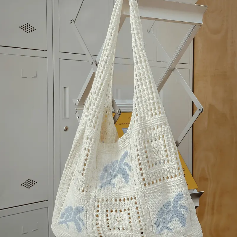 Fashion Women's Knitted Lightweight Handbag with Turtle Pattern, Fall Winter Bag, Hollow Crochet Beach Shopping Bag, Beach Tote Bag, College Style Tote, Ideal for College & Travel, Casual Handbags, Stylish Casual Bag