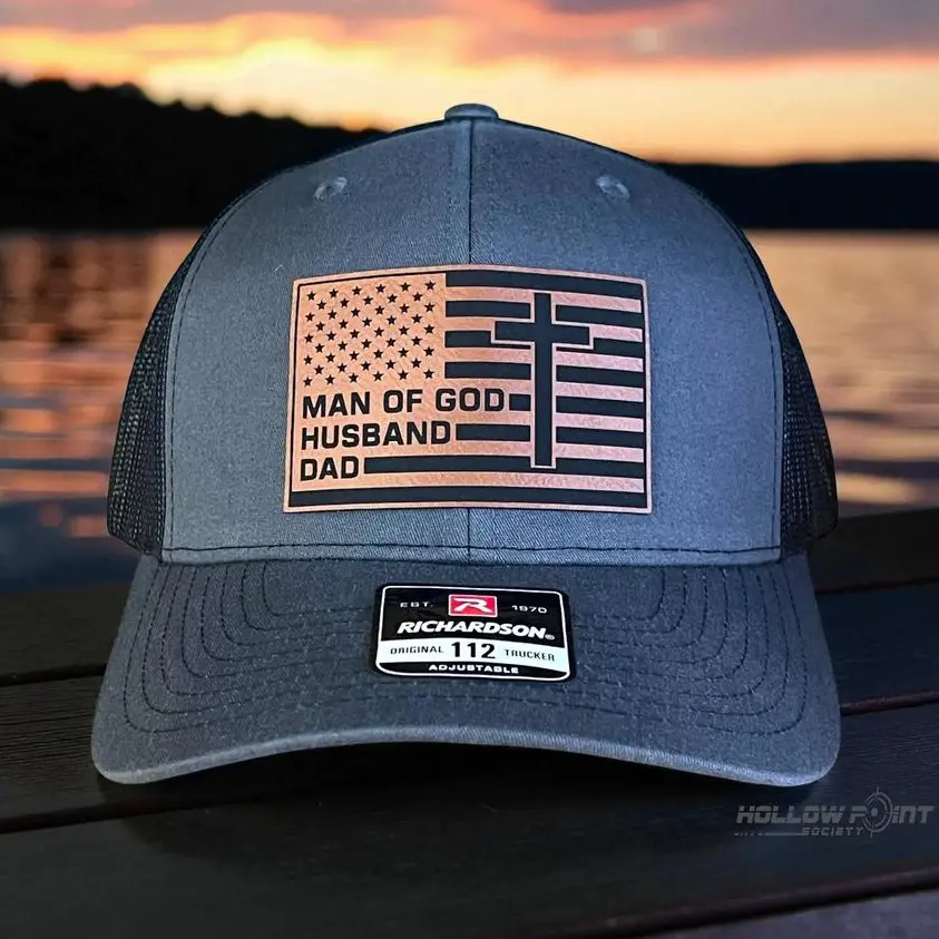 American Flag Man Of God Cross Christian SnapBack Trucker Hat Leather Patch