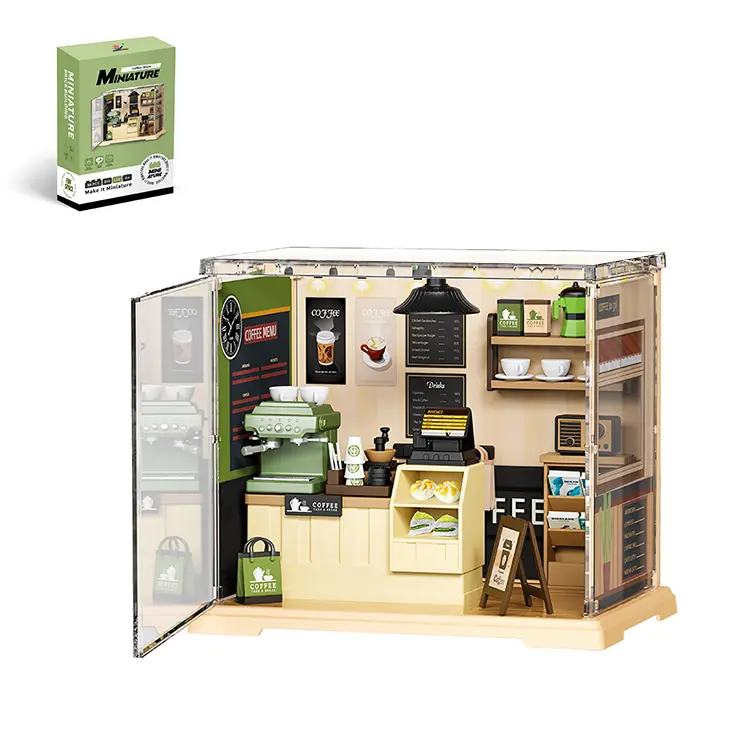 DIY Miniature Coffee Shop Dollhouse Kit with LED Lights, Light Bulb, Realistic Tiny Cafe Scene, Detailed Barista Tools & Decor, Unisex Craft Hobby Gift for 6-8 Years & Adults, Home Decor Present, Adds a Comfy Glow, Requires 2 AAA Batteries