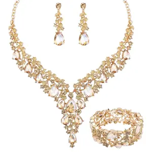 CSY Elegant Crystal Costume Jewelry Sets Flower Bridal Necklace Earrings Stretch Bangle Set for Bride Bridesmaid Wedding Dress Accessories