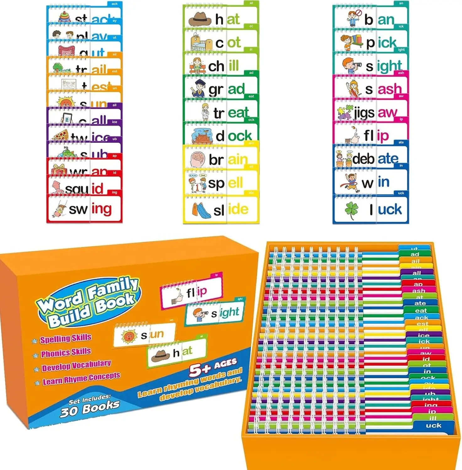 30-Piece Kids Educational Toys Set - Learning Flash Cards, Phonics Flip Books, ABC Alphabet Matching Tools, Word Family Building Kits, Classroom Activities, Gifts for Ages 5+ (Vocabulary Growth, Rhyme Learning)