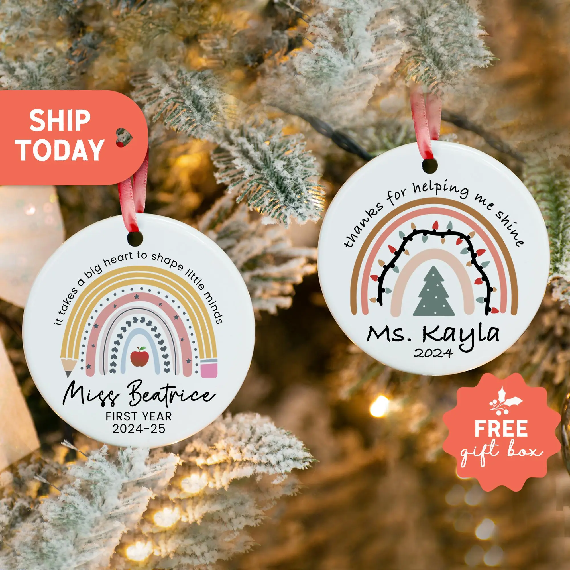 Custom Rainbow Teacher Christmas Ornament Personalized Teacher Ornament With Name Year Cute Personalized Teacher Keepsake Gift