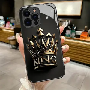 Golden King's Crown pattern Black Frame Glass Phone Case suitable for iPhone 13 Pro Max mini new model Individual Design,So Cool Phone Case,Is Suitable for Every Holiday Gift