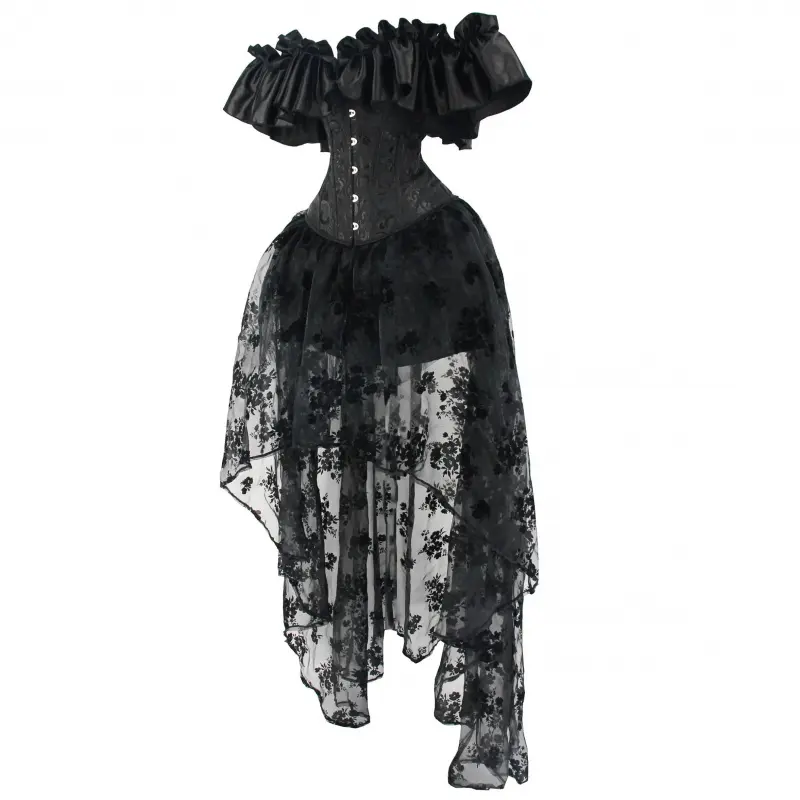 Women's Halloween Dark Gothic 2-Piece Dress Set - Off-Shoulder Corset Top with Sexy Ruffled Sleeves, Long Skirt, Gothic Chic Polyester Woven Costumes for Goth Womenswear, Off-Shoulder Top