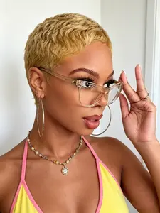 Short Blonde Pixie Cut Human Hair Wig with Bangs Full Machine Made Wear and Go Wig